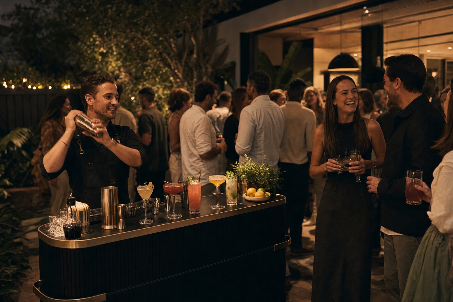 Bartender serving colourful cocktails at a relaxed backyard party