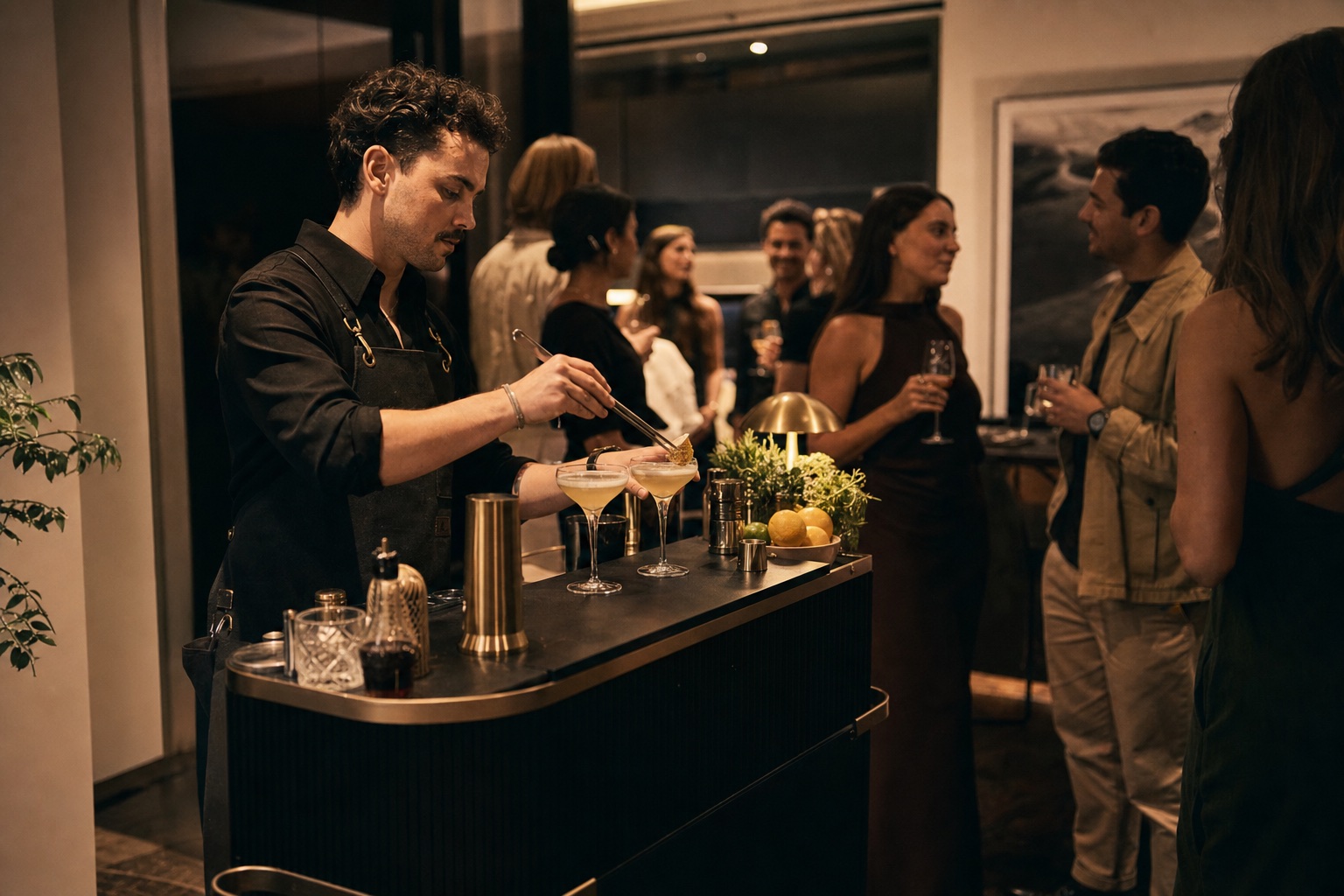 Bartender preparing cocktails for an intimate home gathering