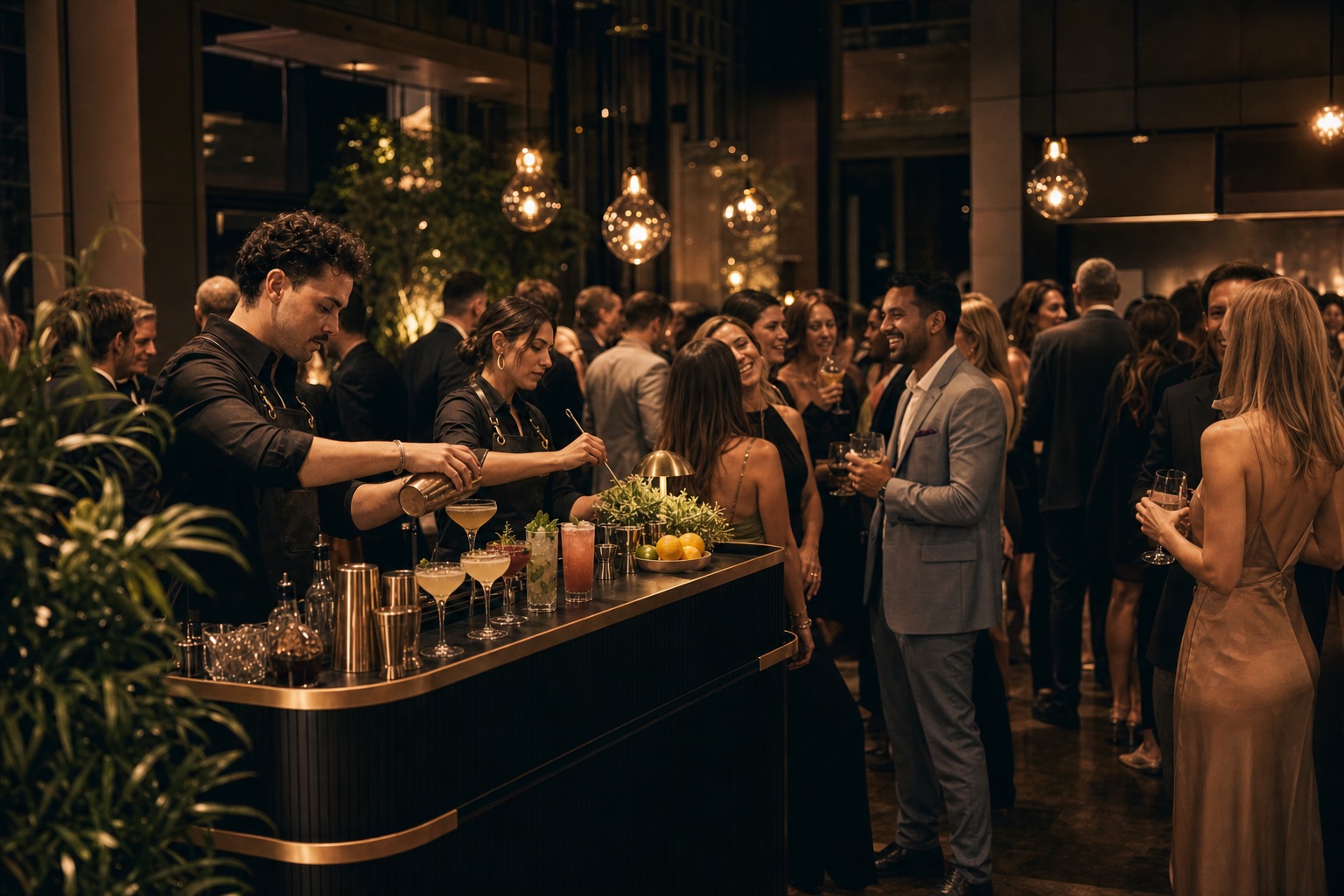 Two bartenders serving an energetic premium evening party
